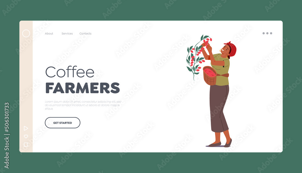 Coffee Farmers Landing Page Template. Growing Industry, Cultivation. African Woman Work on Plantation, Picking Berries Coffee Farmers Landing Page Template. Growing Industry, Cultivation. African Woman Work on Plantation, Picking Berries