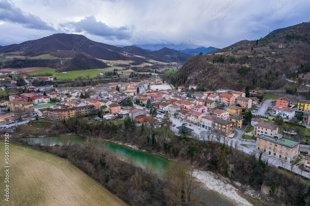 Aerial view of town in Marche region in Italy