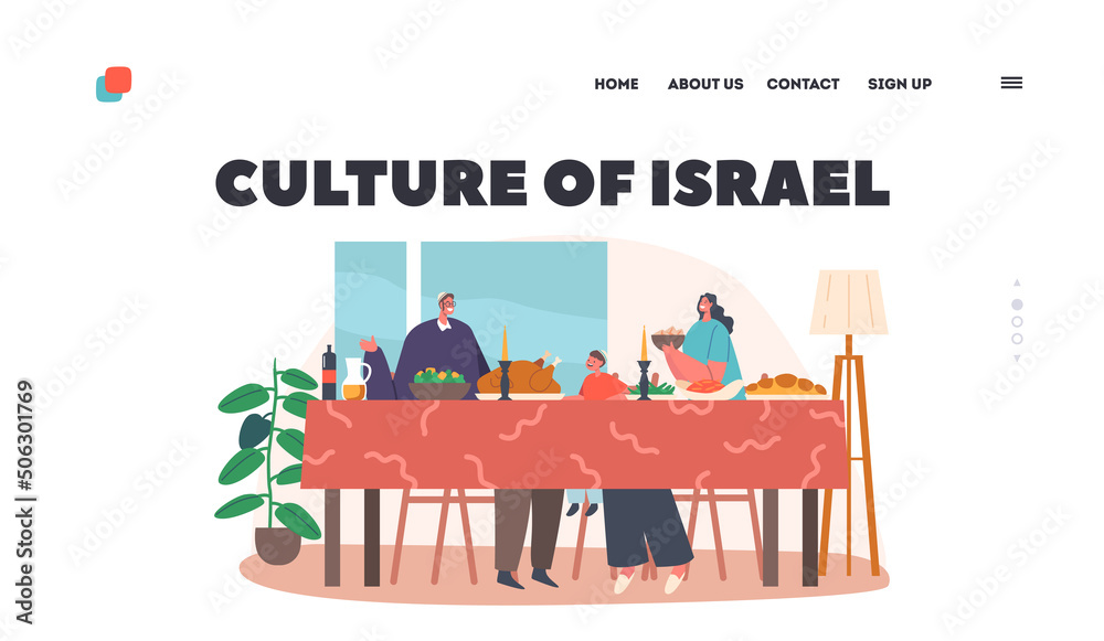 Fototapeta premium Culture of Israel Landing Page Template. Happy Jewish Family with Kid Has Dinner or Celebrate Holiday. Parents and Child