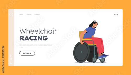 Wheelchair Racing Landing Page Template. Paralympic Athlete Race, Woman Riding Wheelchair during Marathon Competition