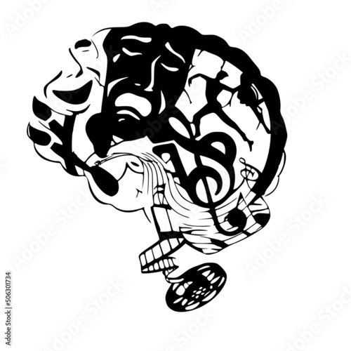 right cerebral hemisphere creative. Vector creative illustration of human brain with icon and tag word on white background.