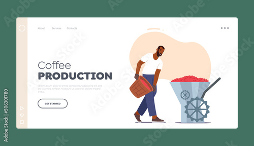 Coffee Production Landing Page Template. Farmer Put Beans in Grinding Machine Working on Plantation or Factory