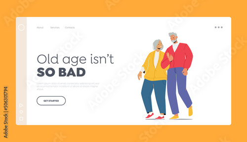 Old Man and Woman Loving Relation Landing Page Template. Senior Married Couple Holding Hands Walk Togethe