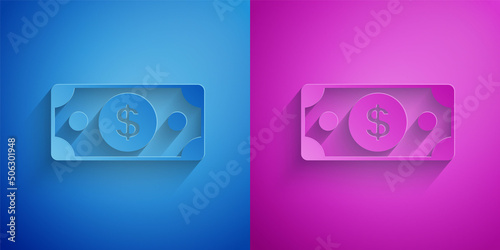 Paper cut Stacks paper money cash icon isolated on blue and purple background. Money banknotes stacks. Bill currency. Paper art style. Vector
