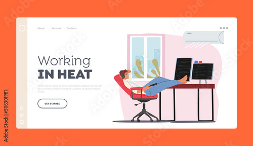 Working in Heat Landing Page Template. Young Man Relax at Workplace with Working Conditioner at Home