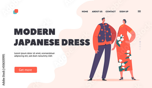 Modern Japanese Dress Landing Page Template. Asian Bride and Groom Characters in Bridal Kimono During Marriage Ceremony