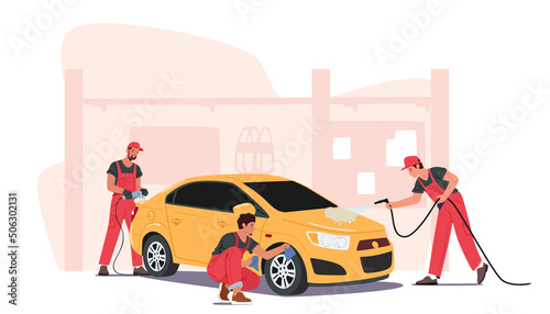 Cleaning Company Employees Male or Female Characters Work Process. Car Wash Service Concept. Men Workers Wear Uniform