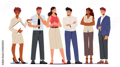 Business People Male and Female Characters Team Stand Together. Businessmen and Businesswomen Joyful Managers Colleagues