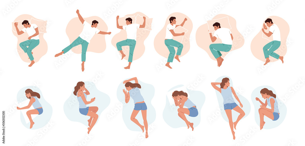 Set of Men and Women Sleeping Poses, People Lying in Bed Top View. Nighttime Relaxation, Characters Wear Pajama