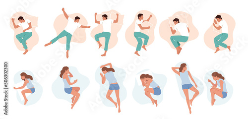 Set of Men and Women Sleeping Poses, People Lying in Bed Top View. Nighttime Relaxation, Characters Wear Pajama