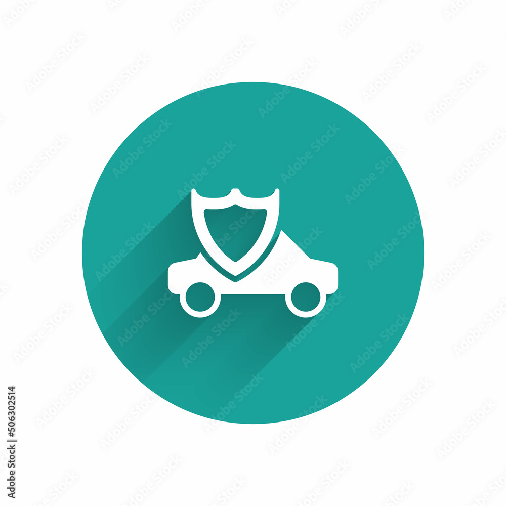 White Car with shield icon isolated with long shadow background. Insurance concept. Security, safety, protection, protect concept. Green circle button. Vector White Car with shield icon isolated with long shadow background. Insurance concept. Security, safety, protection, protect concept. Green circle button. Vector