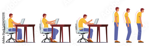 Male Character Correct and Wrong Sitting Position during Working at Computer. Man Sit at Table With Monitor