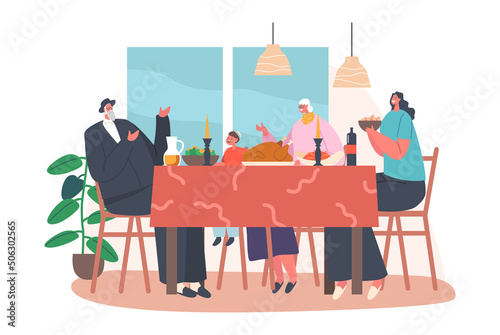 Traditional Jewish Family Mother, Granny, Grandpa and Kid Having Dinner at Table with Candles. People Celebrate Hanukkah