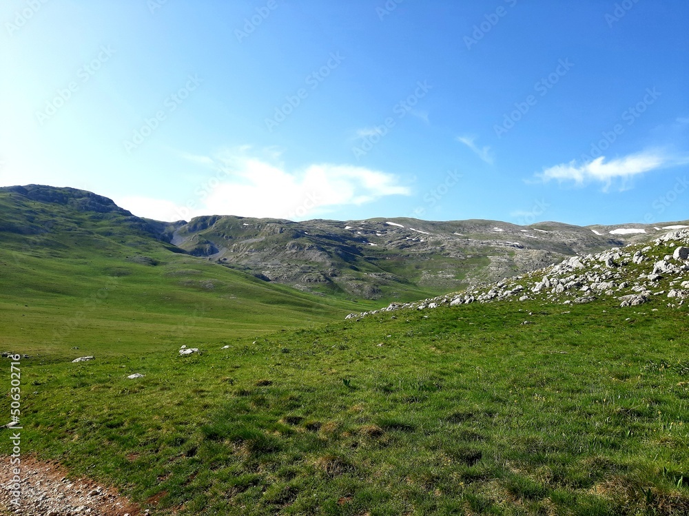 Mountain Bjelasnica landscape in spring, grass and rocks, Bosnia and Herzegovina