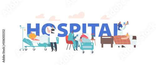 Elderly People Hospitalization Concept. Senior Diseased Characters Lying in Bed at Clinic Chamber with Doctors or Nurses
