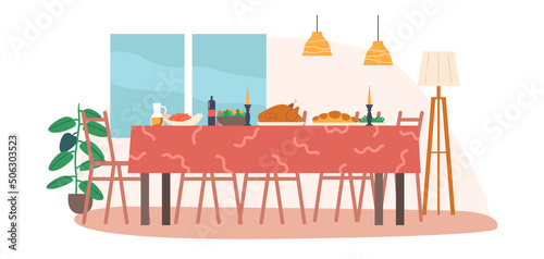 Kitchen Interior With Wooden Table Covered with Tablecloth, Utensils, Food, Turkey and Chairs Stand around