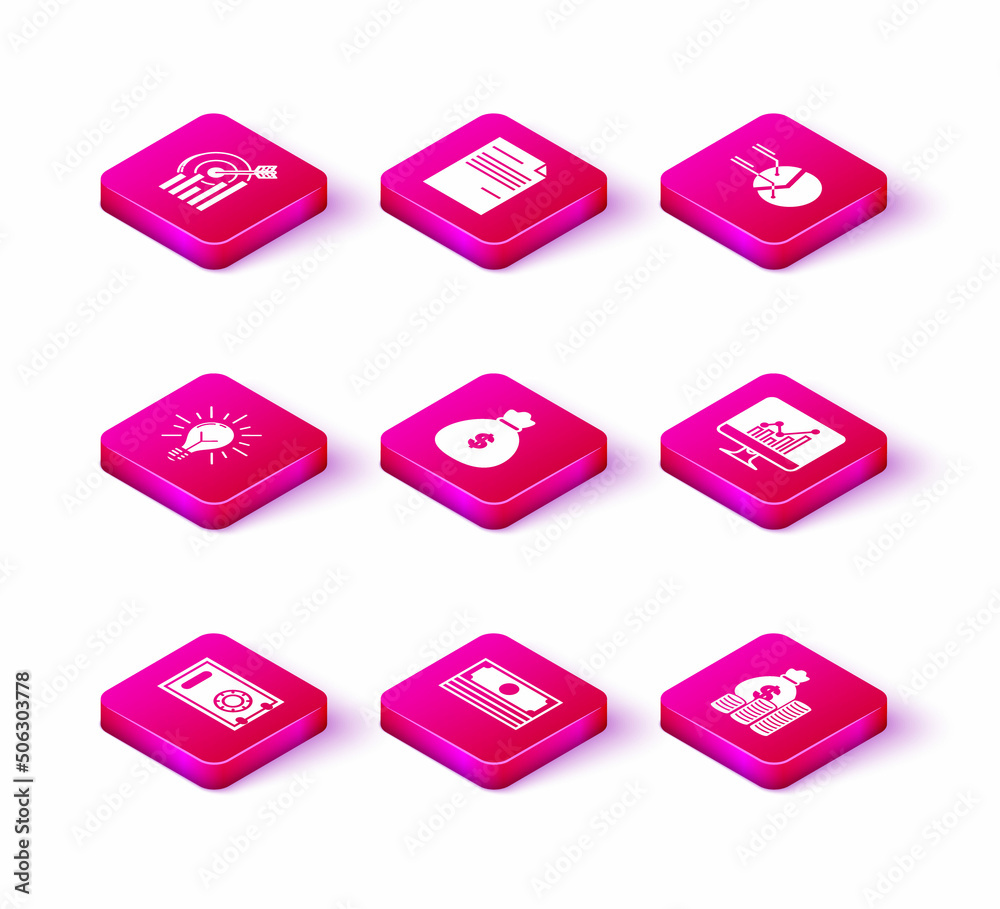 Set Safe, Stacks paper money cash, Light bulb with rays shine and concept of idea, Money bag, coin, Computer monitor graph chart, Pie infographic and Document icon. Vector Set Safe, Stacks paper money cash, Light bulb with rays shine and concept of idea, Money bag, coin, Computer monitor graph chart, Pie infographic and Document icon. Vector