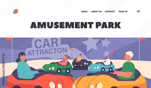 Amusement Park Landing Page Template. Children Having Fun at Bumper Car Attraction at Funfair or Carnival Entertainment