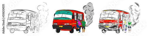 Sketchy Vector Set 3Hand Draw old and Rusty medium scale bus, at big city including jakarta, indonesia