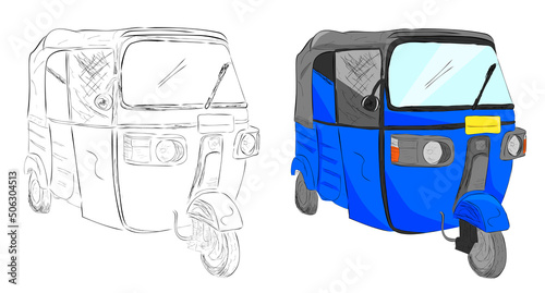 Simple Vector Set 2 Hand Draw Sketch flat color of blue bajaj, one of local economic public transportation in india and indonesia