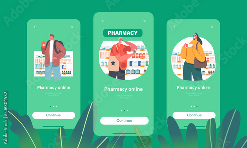 Pharmacy Online Mobile App Page Onboard Screen Template. Characters Purchase in Drugs Store. Customers Choose Medicine