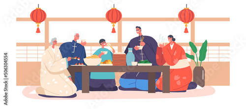 Happy Traditional Asian Family Having Dinner at Home. Smiling Young and Old Male and Female Parents, Grandparents, Kid