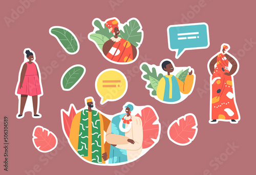 Set of Stickers African People, Adult and Kids Male and Female Characters Wear Traditional Clothes, Isolated Personages