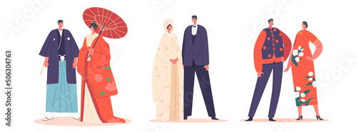 Asian Marriage Tradition and Culture, Traditional Japanese Wedding. Couples Wear Bridal Dress, Bride or Groom Characters