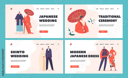 Japanese Wedding Landing Page Template Set. Asian Couple Wear Traditional Costumes, Bride and Groom Characters