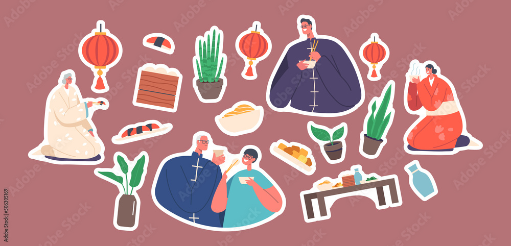 Set of Stickers Traditional Asian Family Dinner at Home. Young and Old Male and Female Characters Parents and Kid