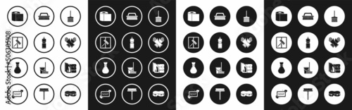 Set Handle broom, Plastic bottles for liquid dishwashing liquid, Squeegee, scraper, wiper, Toilet paper roll, Rubber gloves, Brush cleaning, Electric iron towel and Garbage bag icon. Vector