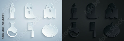 Set Meat chopper, Ghost, Bottle with potion, Pumpkin, and Burning candle icon. Vector