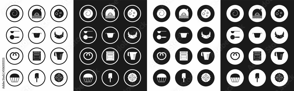 Set Cookie or biscuit with chocolate, Cooking pot, Measuring spoon, Roll bun cinnamon, Croissant, Brick stove, cup and Pretzel icon. Vector