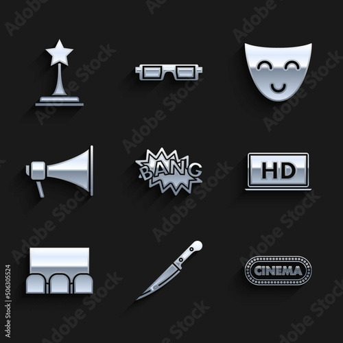 Set Bang boom text speech bubble balloon, Knife, Cinema poster design template, Laptop screen with HD video technology, , Megaphone, Comedy theatrical mask and Movie trophy icon. Vector