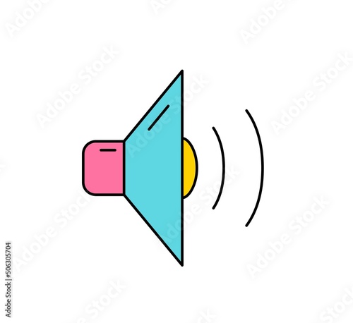 Audio streaming service equipment icon. Sticker with speaker symbol on device. Increase and decrease sound volume. Listening to podcast. Cartoon flat vector illustration isolated white background.