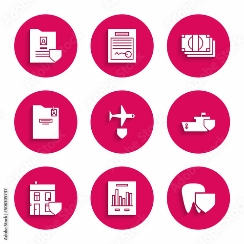 Set Plane with shield, Document graph chart, Tooth, Ship, House, Personal folder, Stacks paper money cash and icon. Vector