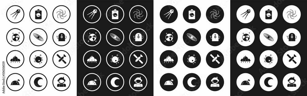 Set Black hole, Planet, Earth globe, Satellite, Alien, and UFO flying spaceship icon. Vector