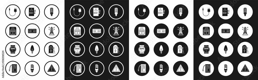 Set LED light bulb, Electrical outlet, Battery in pack, Charger, High voltage power pole line, panel, car charging station and meter icon. Vector Set LED light bulb, Electrical outlet, Battery in pack, Charger, High voltage power pole line, panel, car charging station and meter icon. Vector