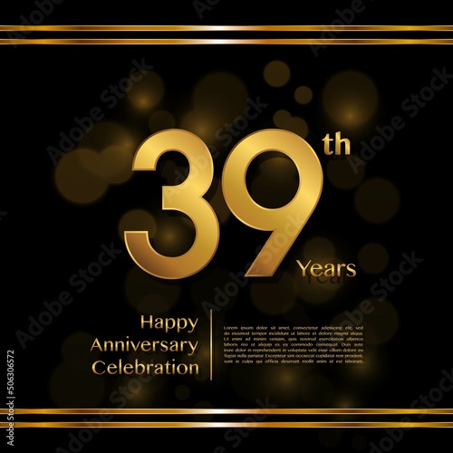 39 years anniversary celebration logotype with gold color and ribbon for booklet, leaflet, magazine, brochure poster, banner, web, invitation or greeting card. Vector illustrations.