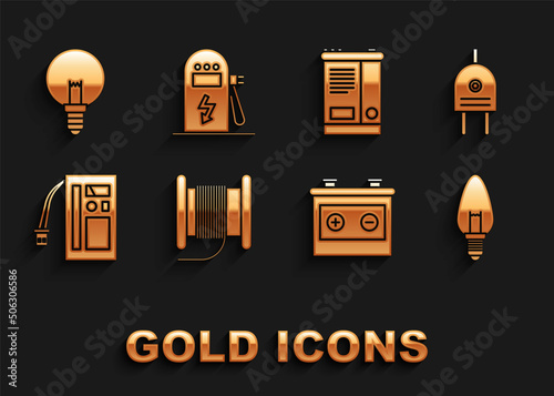 Set Wire electric cable on a reel or drum, Electric plug, Light bulb, Car battery, Battery, and car charging station icon. Vector