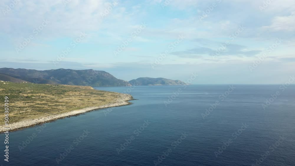 The Mediterranean Sea facing Cape Tenare in Europe, Greece, Peloponnese, Mani, in summer, on a sunny day. The Mediterranean Sea facing Cape Tenare in Europe, Greece, Peloponnese, Mani, in summer, on a sunny day.