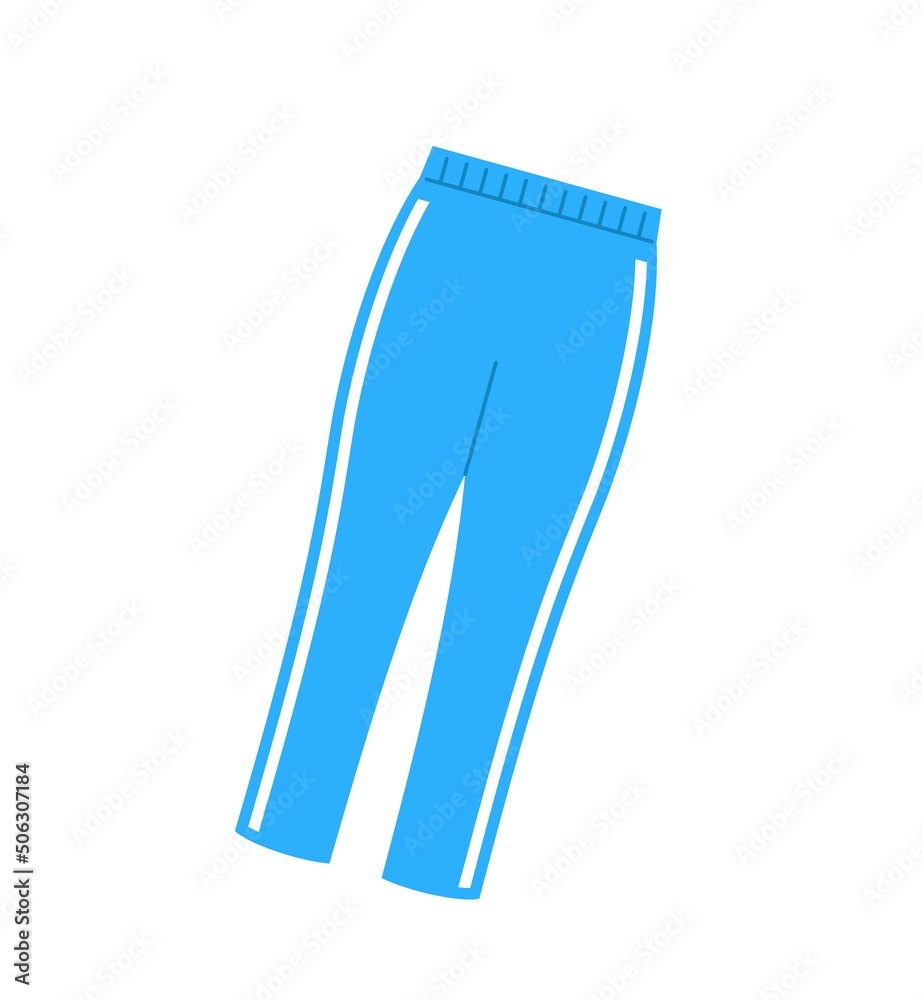 Various Sport equipment. Sticker with blue pants for workout or fitness in gym. Sportswear or uniforms for training. Healthy lifestyle. Cartoon flat vector illustration isolated on white background Various Sport equipment. Sticker with blue pants for workout or fitness in gym. Sportswear or uniforms for training. Healthy lifestyle. Cartoon flat vector illustration isolated on white background
