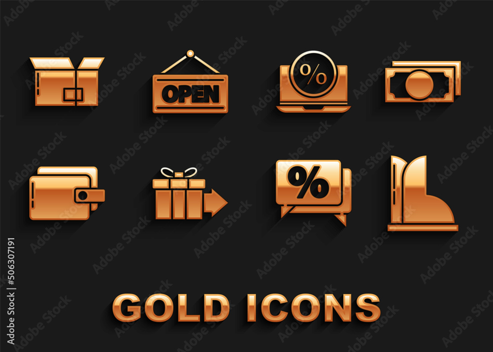 Set Gift box, Stacks paper money cash, Waterproof rubber boot, Discount percent tag, Wallet, Percent discount and laptop, Carton cardboard and Hanging sign with Open icon. Vector Set Gift box, Stacks paper money cash, Waterproof rubber boot, Discount percent tag, Wallet, Percent discount and laptop, Carton cardboard and Hanging sign with Open icon. Vector