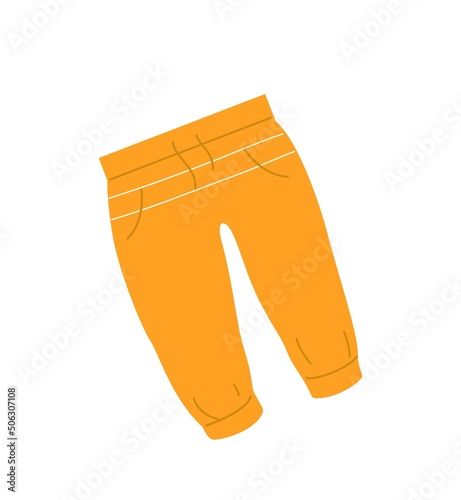 Various Sport equipment. Sticker with orange workout or exercise shorts. Sportswear or uniforms for training in gym. Healthy lifestyle. Cartoon flat vector illustration isolated on white background
