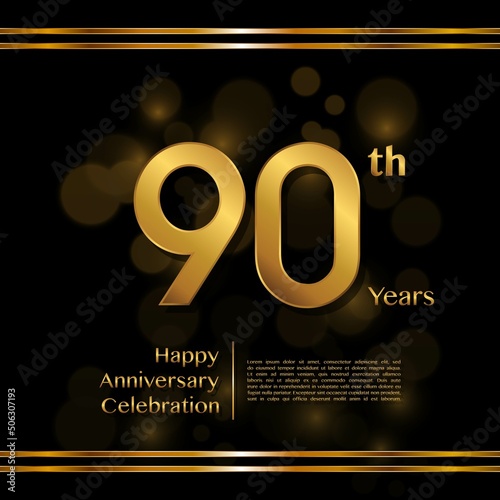 90 years anniversary celebration logotype with gold color and ribbon for booklet, leaflet, magazine, brochure poster, banner, web, invitation or greeting card. Vector illustrations.