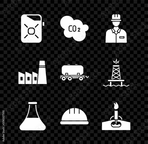 Set Canister for motor oil, CO2 emissions in cloud, Oilman, petrol test tube, Worker safety helmet, rig with fire, industrial factory building and railway cistern icon. Vector