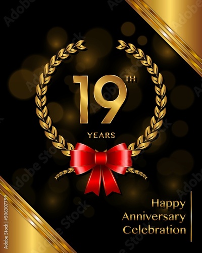 19 years anniversary celebration logotype with golden laurel and wreath, for booklet, leaflet, magazine, brochure poster, banner, web, invitation or greeting card. Vector illustrations.