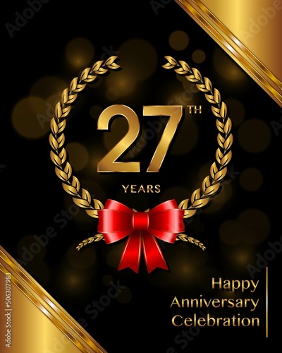 27 years anniversary celebration logotype with golden laurel and wreath, for booklet, leaflet, magazine, brochure poster, banner, web, invitation or greeting card. Vector illustrations.