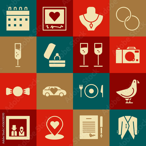 Set Suit, Dove, Photo camera, Necklace on mannequin, Wedding rings, Glass of champagne, Calendar and icon. Vector