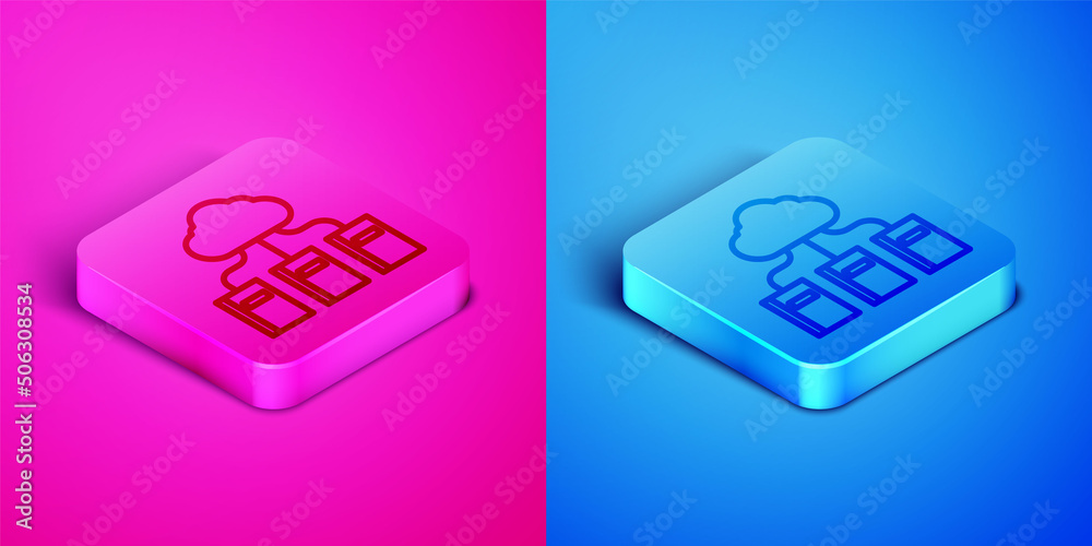 Isometric line Cloud or online library icon isolated on pink and blue background. Internet education or distance training. Square button. Vector Illustration Isometric line Cloud or online library icon isolated on pink and blue background. Internet education or distance training. Square button. Vector Illustration